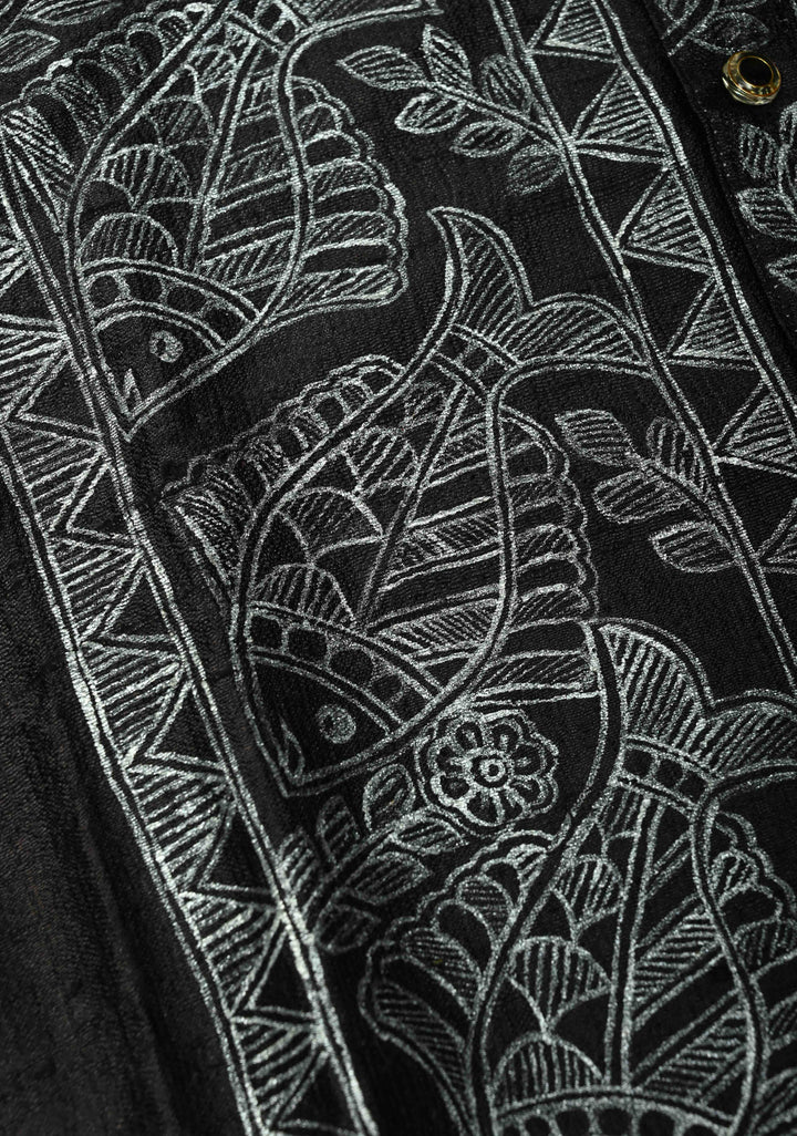SIZE : 44 Black Pure Tussar Silk Full Sleeves Mens Kurta with Silver Fish Madhubani Hand Painting  | SILK MARK CERTIFIED