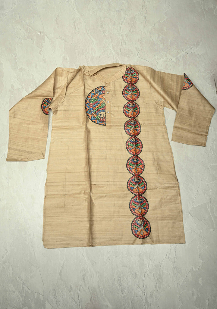 SIZE : 45 Natural Color Pure Tussar Silk Full Sleeves Mens Kurta with Madhubani Hand Painting | SILK MARK CERTIFIED