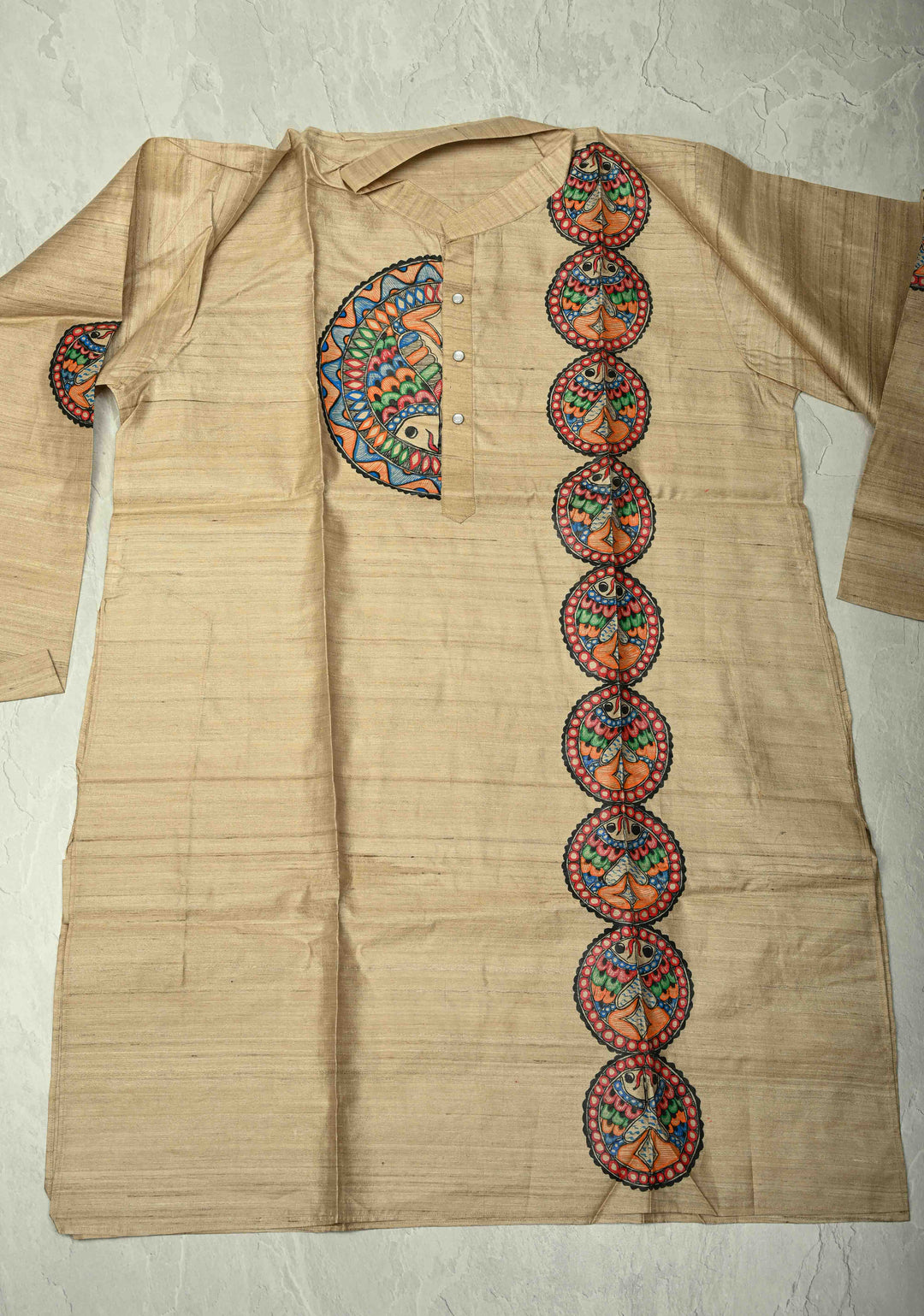 SIZE : 45 Natural Color Pure Tussar Silk Full Sleeves Mens Kurta with Madhubani Hand Painting | SILK MARK CERTIFIED