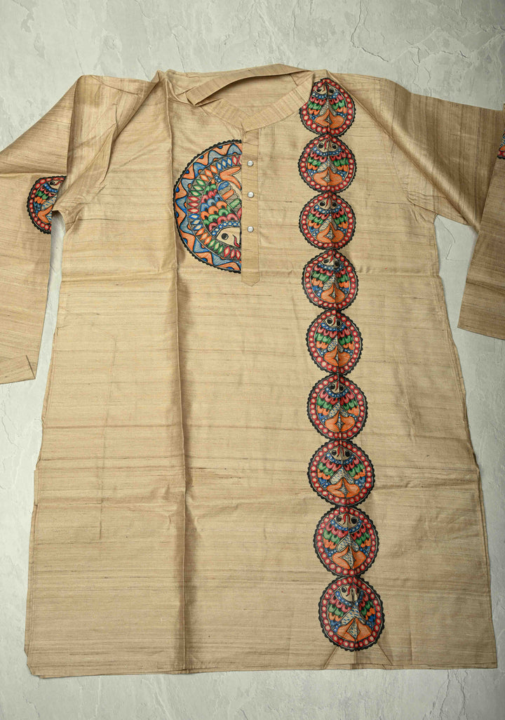 SIZE : 45 Natural Color Pure Tussar Silk Full Sleeves Mens Kurta with Madhubani Hand Painting | SILK MARK CERTIFIED