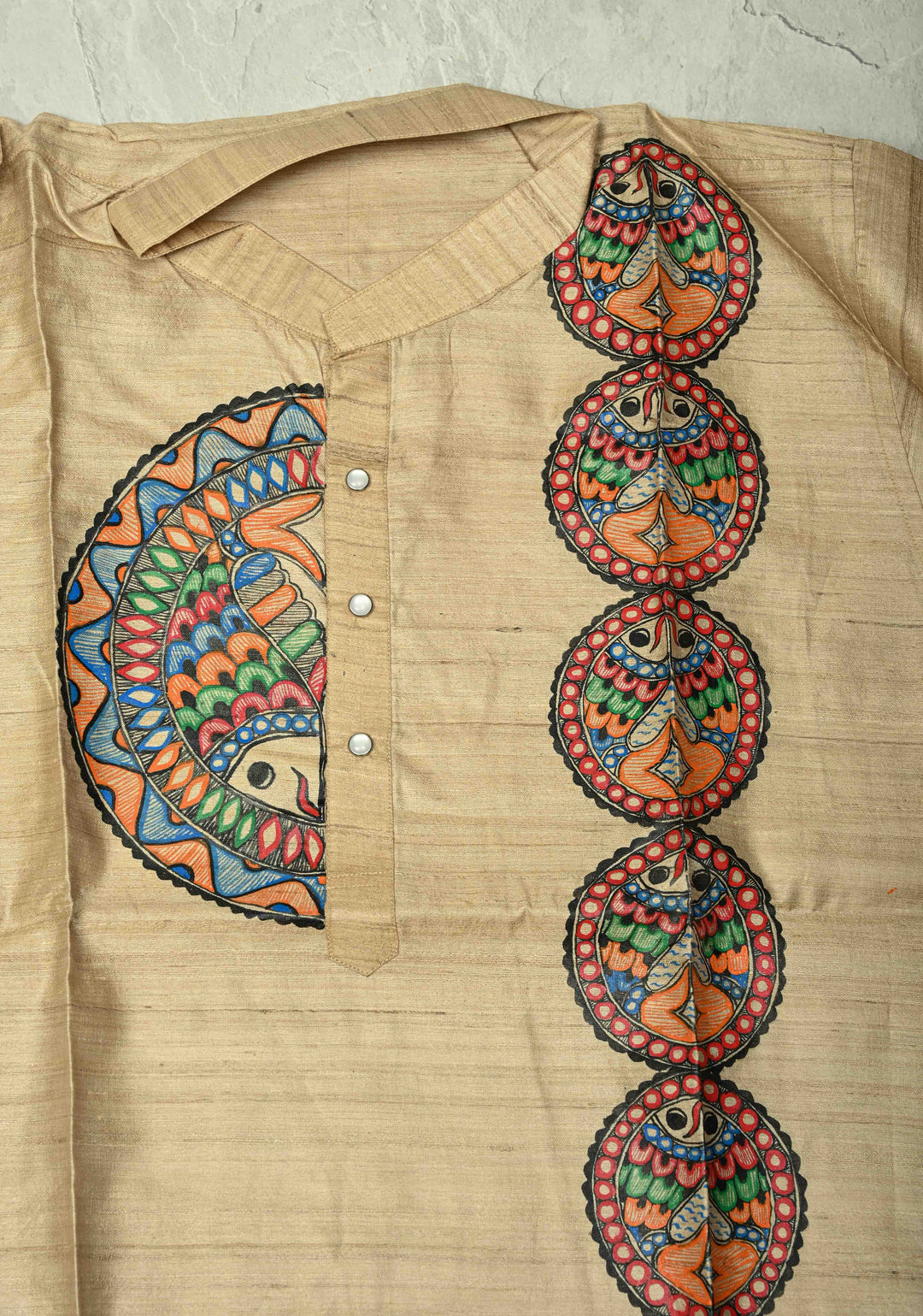 SIZE : 45 Natural Color Pure Tussar Silk Full Sleeves Mens Kurta with Madhubani Hand Painting | SILK MARK CERTIFIED