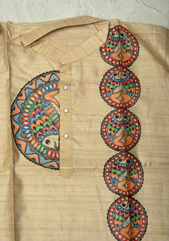 SIZE : 45 Natural Color Pure Tussar Silk Full Sleeves Mens Kurta with Madhubani Hand Painting | SILK MARK CERTIFIED