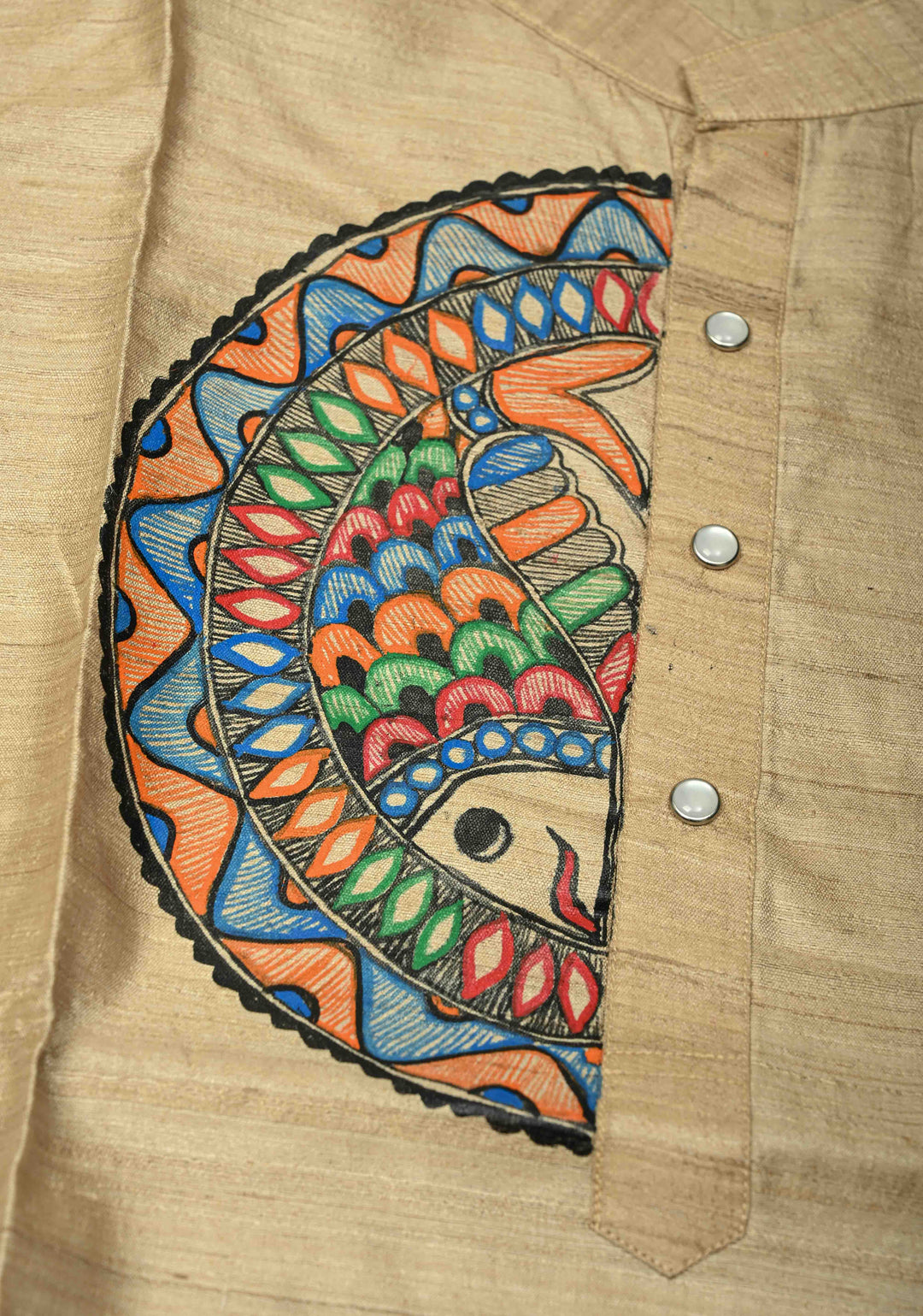 SIZE : 45 Natural Color Pure Tussar Silk Full Sleeves Mens Kurta with Madhubani Hand Painting | SILK MARK CERTIFIED