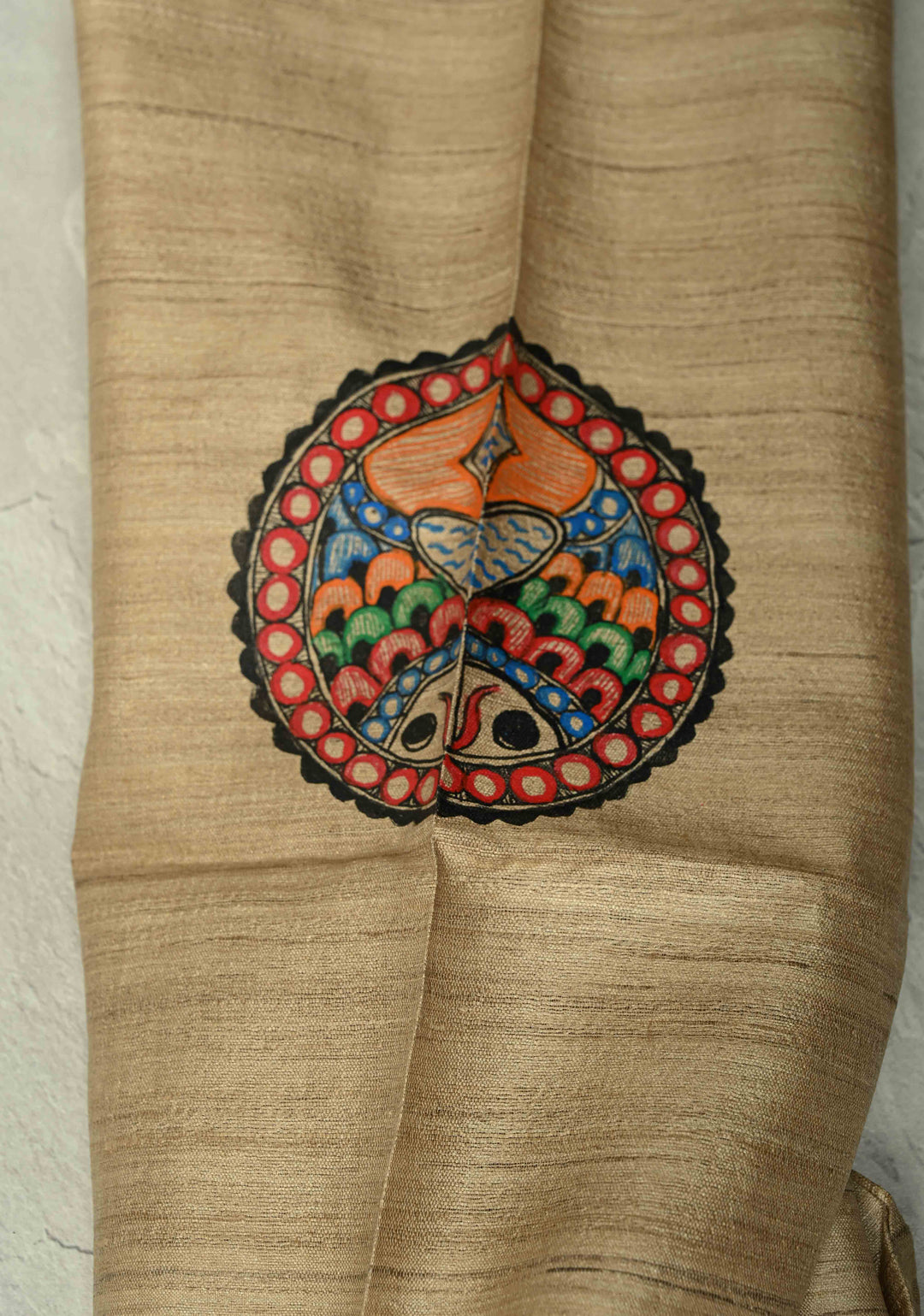 SIZE : 45 Natural Color Pure Tussar Silk Full Sleeves Mens Kurta with Madhubani Hand Painting | SILK MARK CERTIFIED