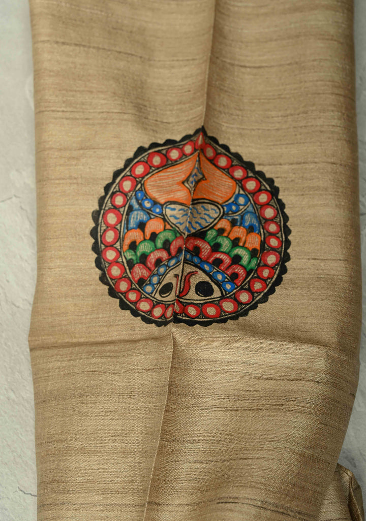 SIZE : 45 Natural Color Pure Tussar Silk Full Sleeves Mens Kurta with Madhubani Hand Painting | SILK MARK CERTIFIED