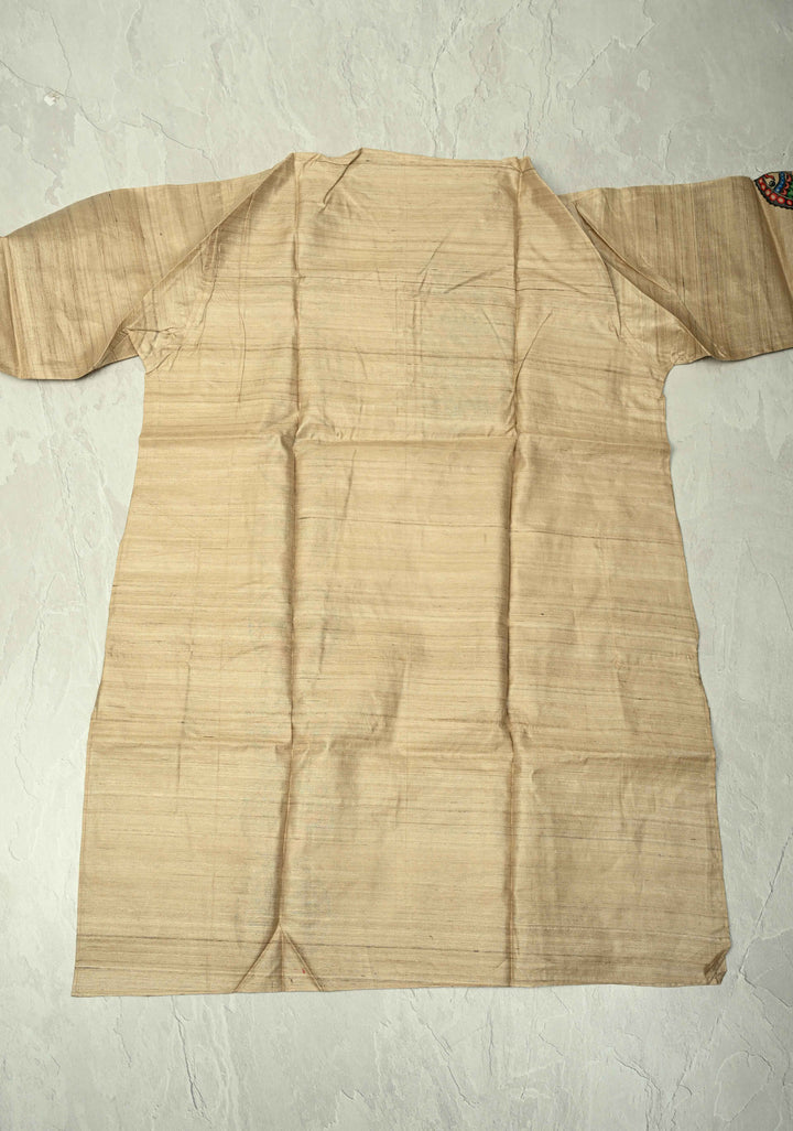 SIZE : 45 Natural Color Pure Tussar Silk Full Sleeves Mens Kurta with Madhubani Hand Painting | SILK MARK CERTIFIED