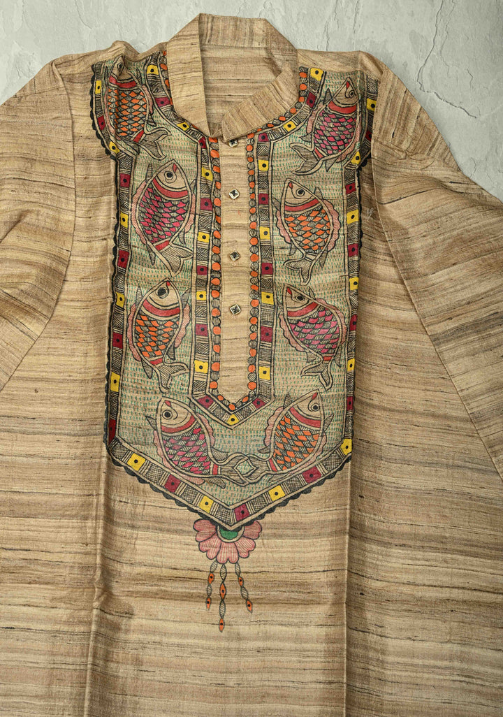 SIZE : 44 Natural Color Pure Tussar Silk Full Sleeves Mens Kurta with Machli Madhubani Hand Painting | SILK MARK CERTIFIED