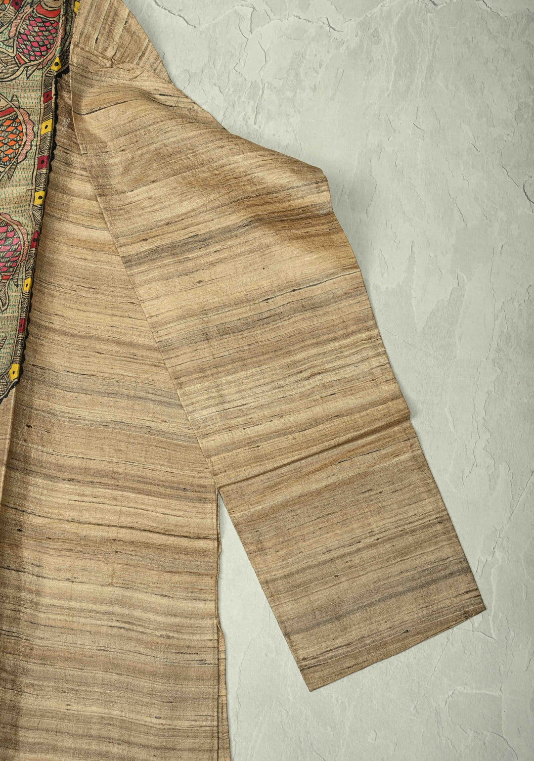 SIZE : 44 Natural Color Pure Tussar Silk Full Sleeves Mens Kurta with Machli Madhubani Hand Painting | SILK MARK CERTIFIED