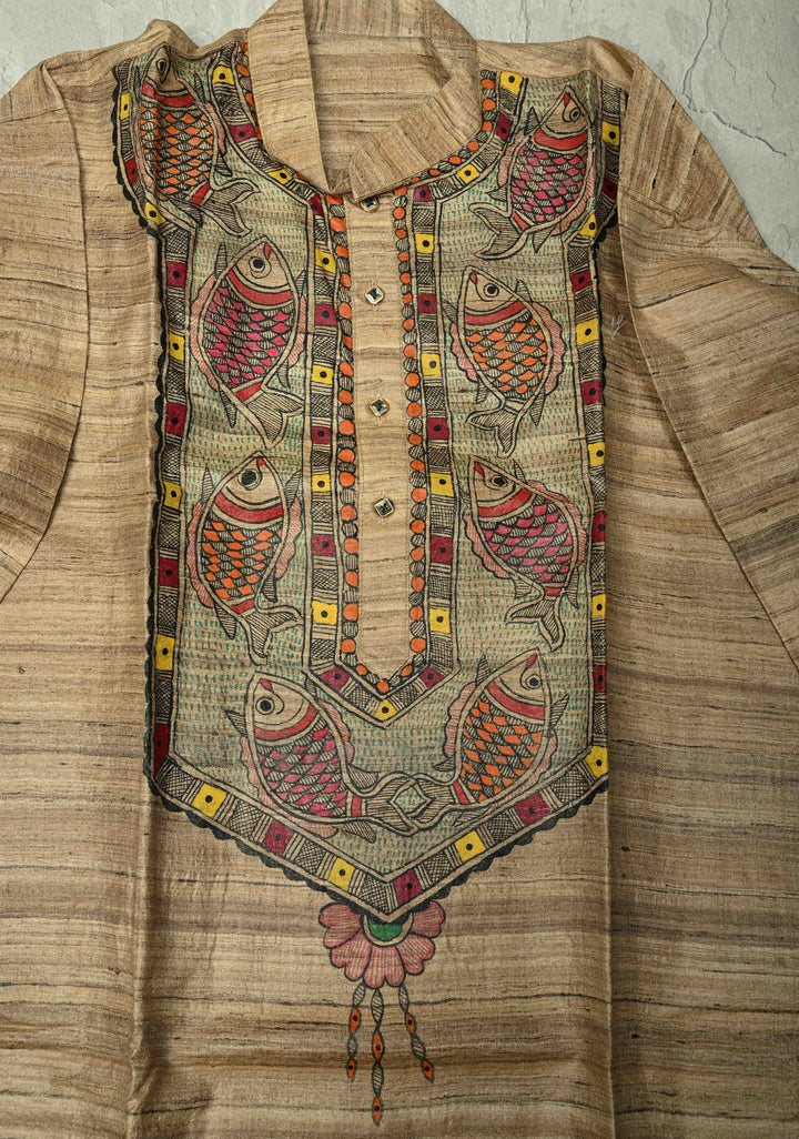 SIZE : 44 Natural Color Pure Tussar Silk Full Sleeves Mens Kurta with Machli Madhubani Hand Painting | SILK MARK CERTIFIED