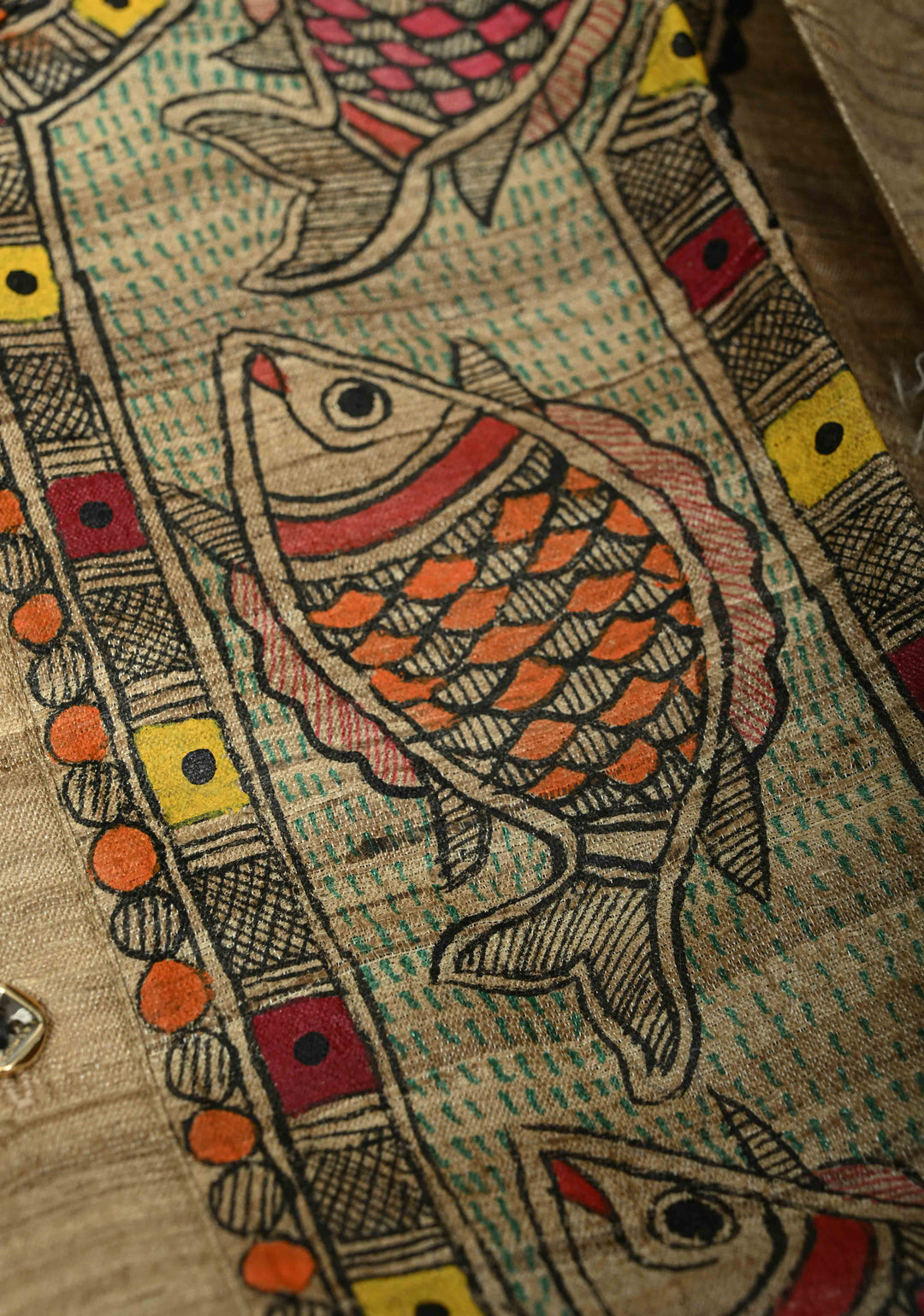 SIZE : 44 Natural Color Pure Tussar Silk Full Sleeves Mens Kurta with Machli Madhubani Hand Painting | SILK MARK CERTIFIED