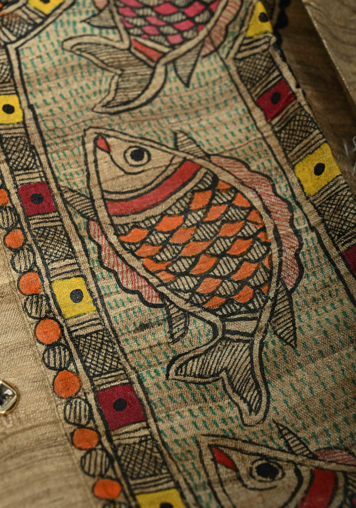 SIZE : 44 Natural Color Pure Tussar Silk Full Sleeves Mens Kurta with Machli Madhubani Hand Painting | SILK MARK CERTIFIED