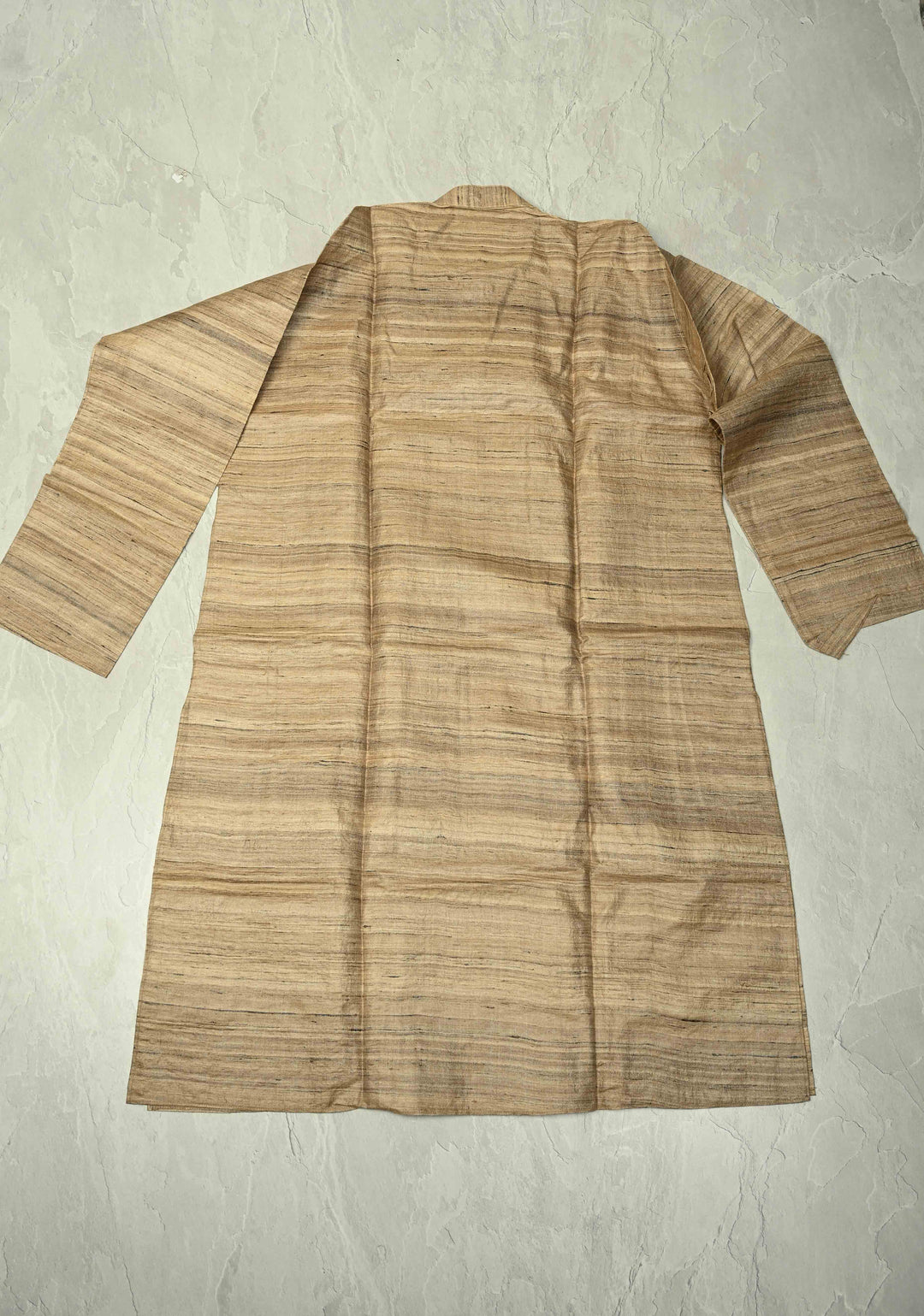 SIZE : 44 Natural Color Pure Tussar Silk Full Sleeves Mens Kurta with Machli Madhubani Hand Painting | SILK MARK CERTIFIED