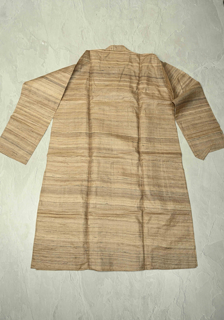 SIZE : 44 Natural Color Pure Tussar Silk Full Sleeves Mens Kurta with Machli Madhubani Hand Painting | SILK MARK CERTIFIED
