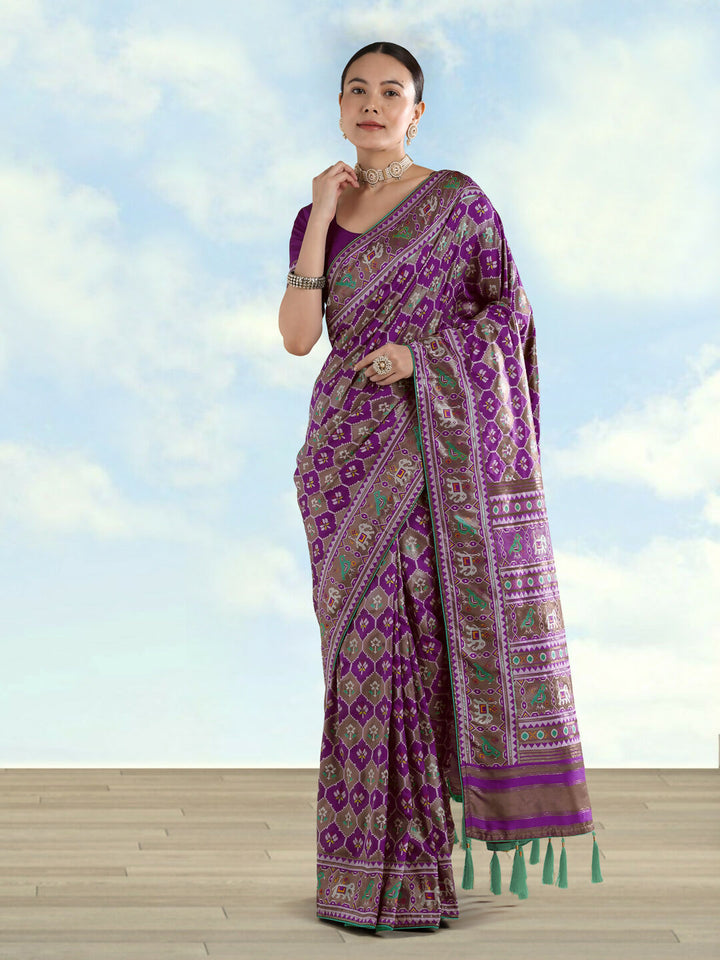 Purple Semi Banarasi Satin Silk Saree With Patola Work | SHOBITAM