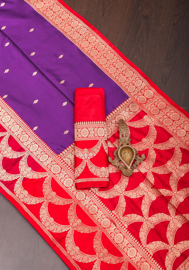 Banarasi Katan Silk Saree in Purple and Red with Zari Buttas & Scalloped border | SILK MARK CERTIFIED