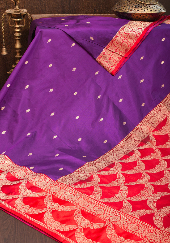 Banarasi Katan Silk Saree in Purple and Red with Zari Buttas & Scalloped border | SILK MARK CERTIFIED