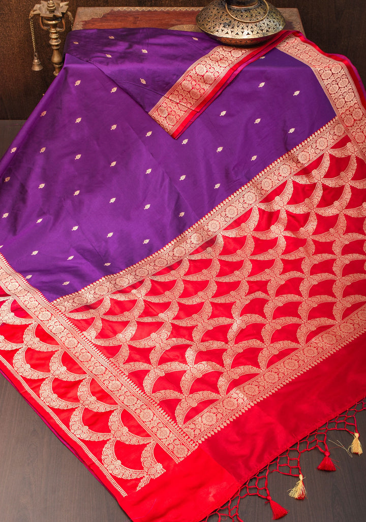 Banarasi Katan Silk Saree in Purple and Red with Zari Buttas & Scalloped border | SILK MARK CERTIFIED