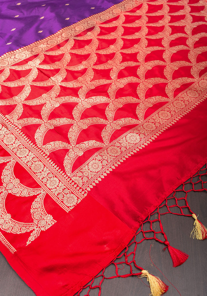 Banarasi Katan Silk Saree in Purple and Red with Zari Buttas & Scalloped border | SILK MARK CERTIFIED