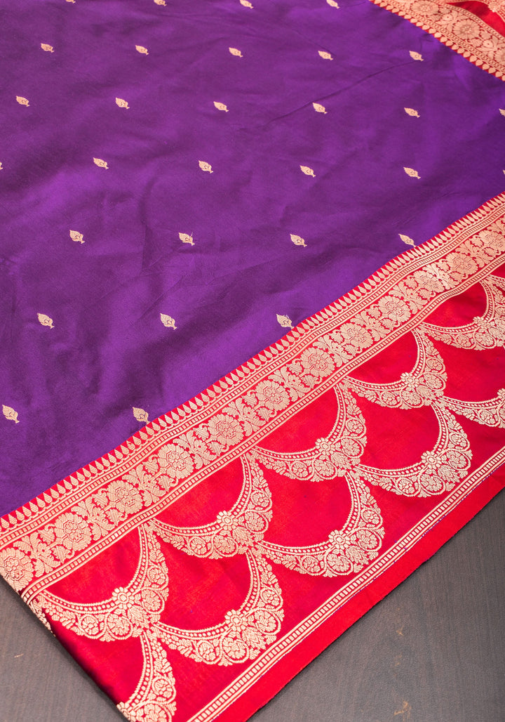 Banarasi Katan Silk Saree in Purple and Red with Zari Buttas & Scalloped border | SILK MARK CERTIFIED