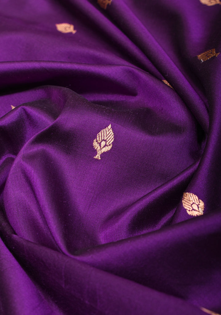 Banarasi Katan Silk Saree in Purple and Red with Zari Buttas & Scalloped border | SILK MARK CERTIFIED