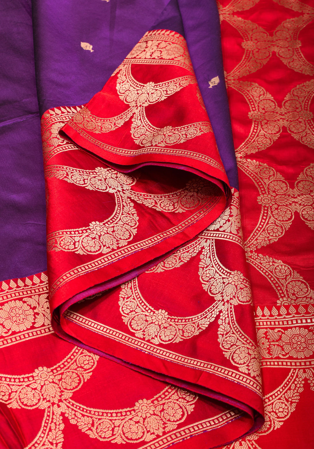 Banarasi Katan Silk Saree in Purple and Red with Zari Buttas & Scalloped border | SILK MARK CERTIFIED