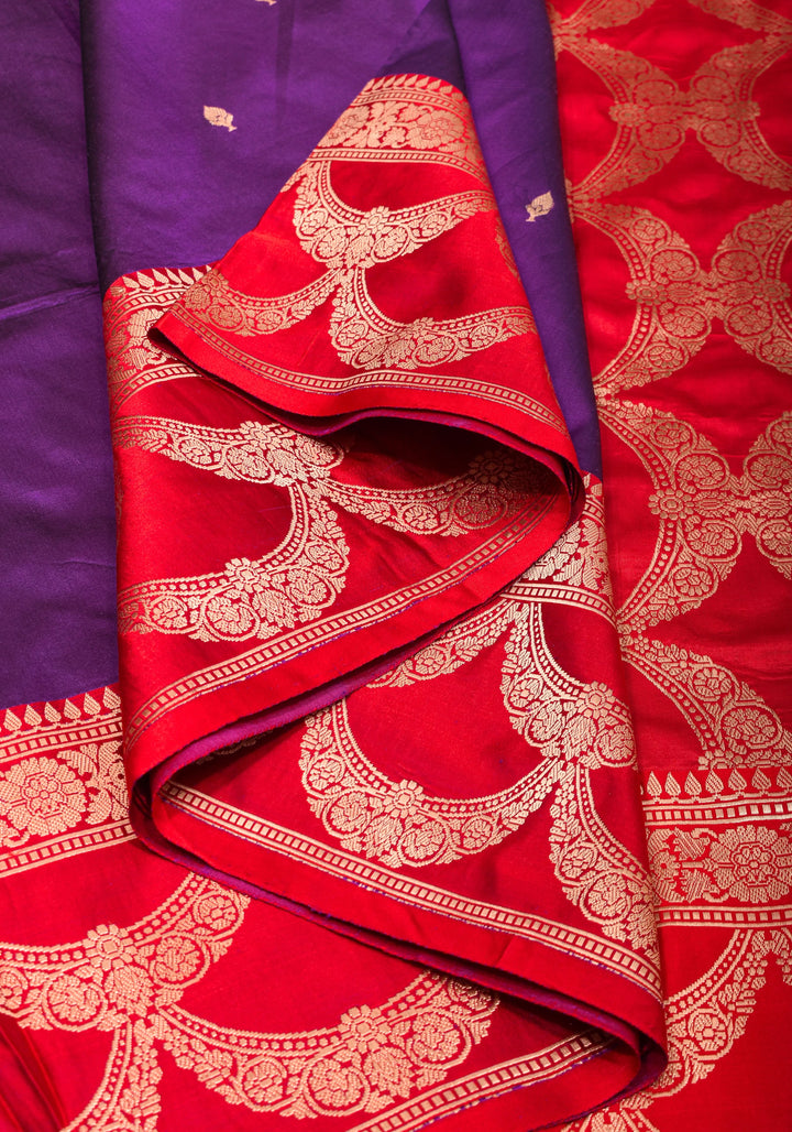 Banarasi Katan Silk Saree in Purple and Red with Zari Buttas & Scalloped border | SILK MARK CERTIFIED