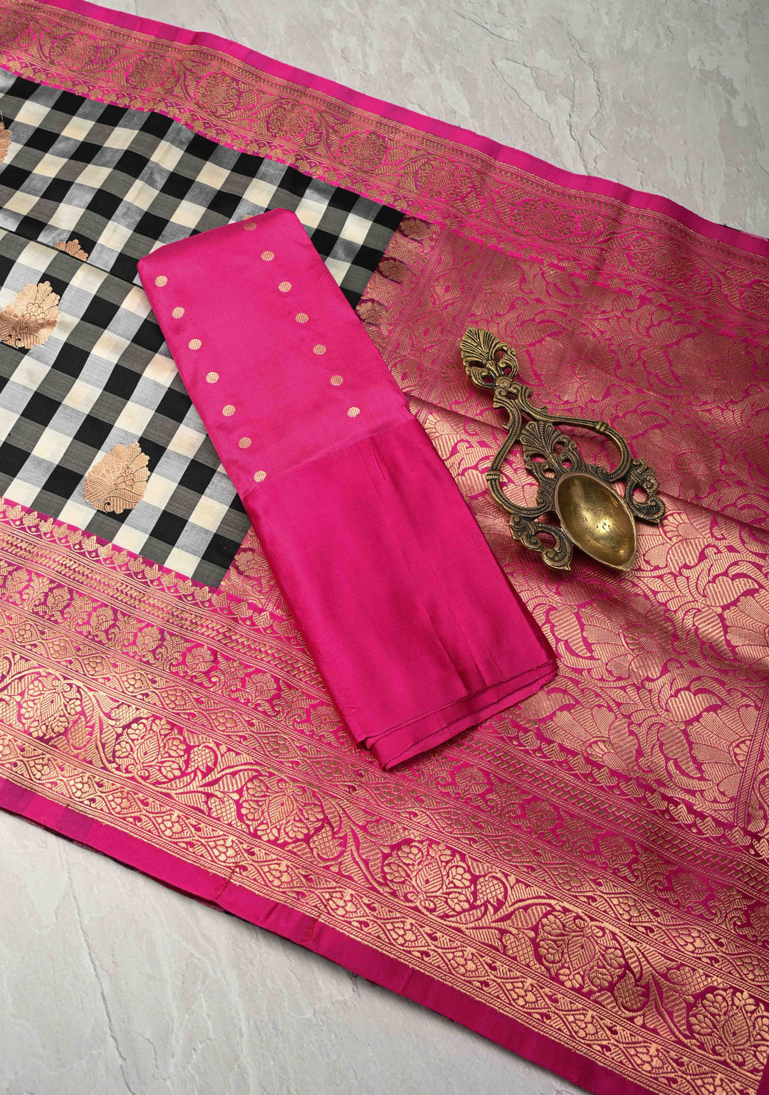 Pure Katan Silk Banarasi Saree in Black and White Checks with Contrasting Pink Borders  | SILK MARK CERTIFIED