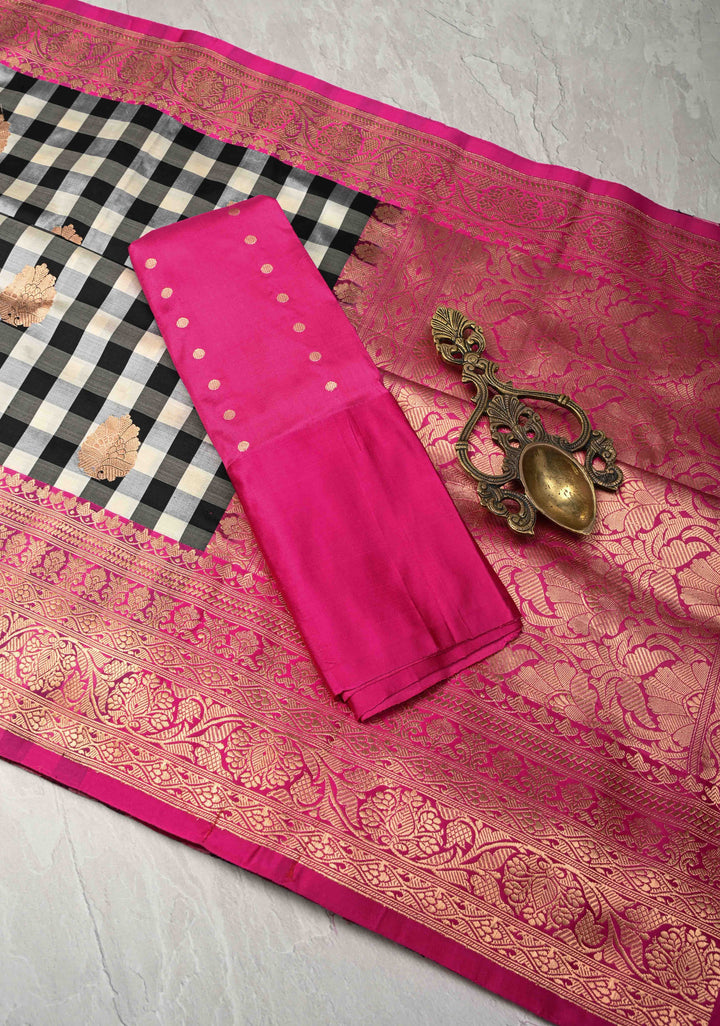 Pure Katan Silk Banarasi Saree in Black and White Checks with Contrasting Pink Borders  | SILK MARK CERTIFIED