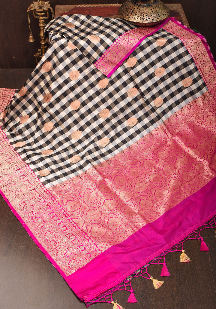 Pure Katan Silk Banarasi Saree in Black and White Checks with Contrasting Pink Borders  | SILK MARK CERTIFIED