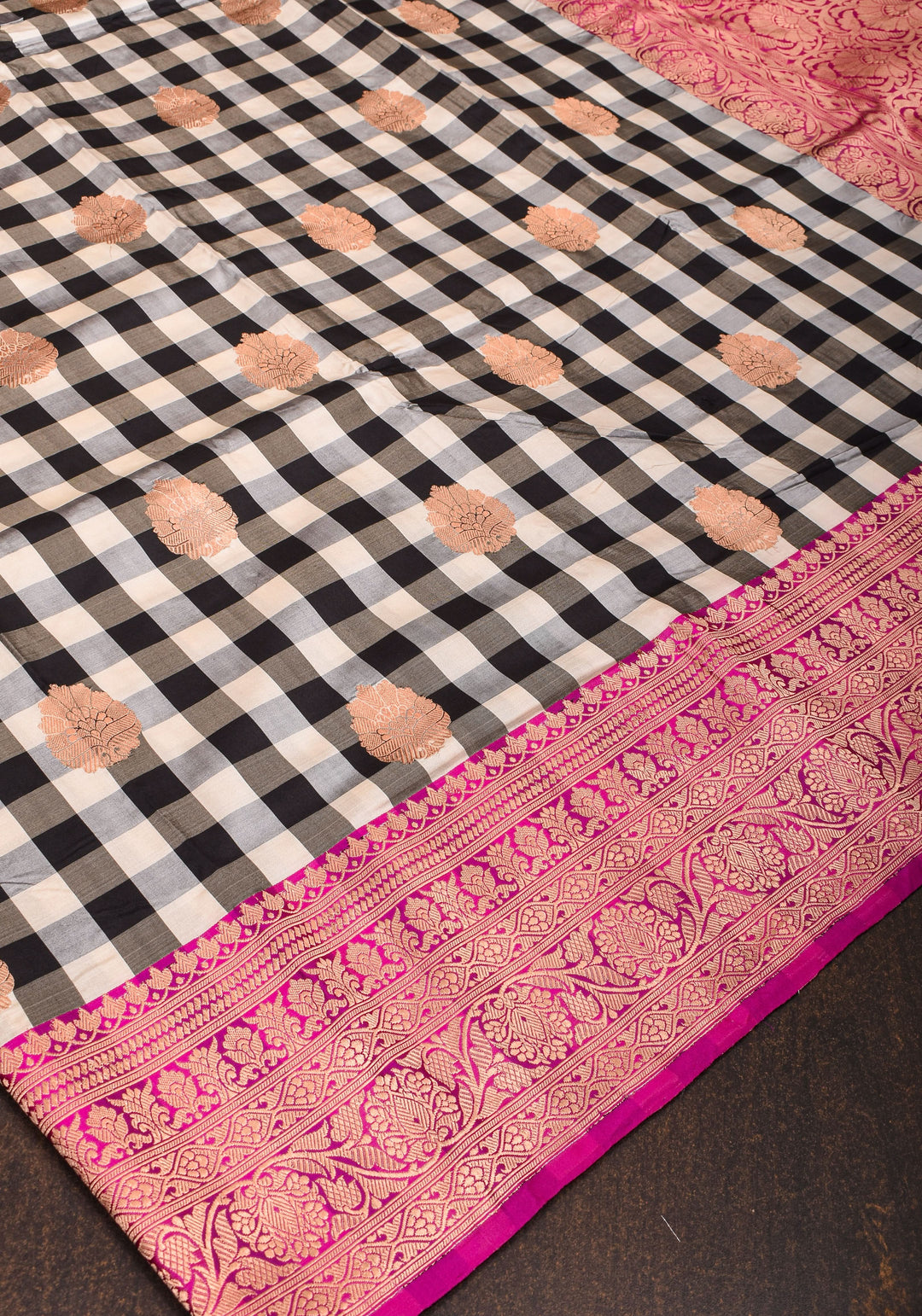 Pure Katan Silk Banarasi Saree in Black and White Checks with Contrasting Pink Borders  | SILK MARK CERTIFIED