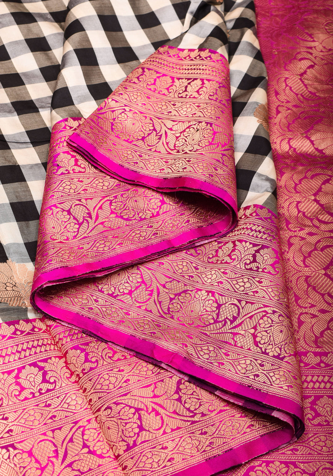 Pure Katan Silk Banarasi Saree in Black and White Checks with Contrasting Pink Borders  | SILK MARK CERTIFIED