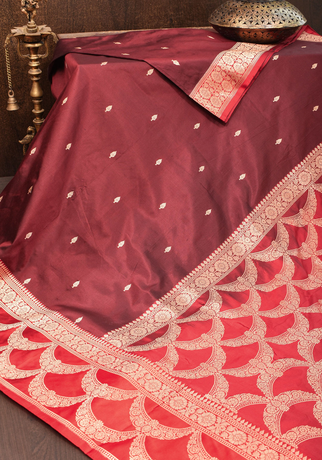 Banarasi Katan Silk Saree in Brown and Red with Zari Buttas & Scalloped border | SILK MARK CERTIFIED