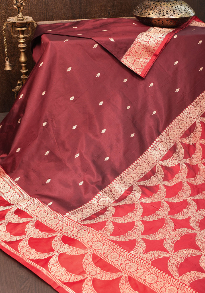 Banarasi Katan Silk Saree in Brown and Red with Zari Buttas & Scalloped border | SILK MARK CERTIFIED