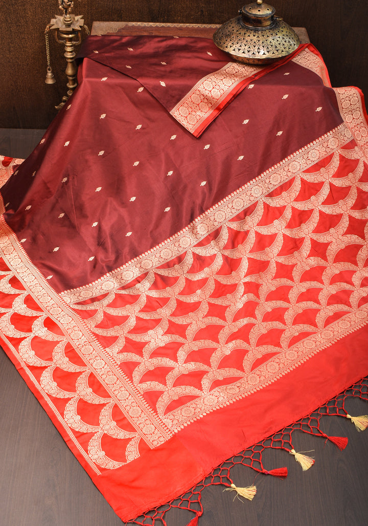 Banarasi Katan Silk Saree in Brown and Red with Zari Buttas & Scalloped border | SILK MARK CERTIFIED