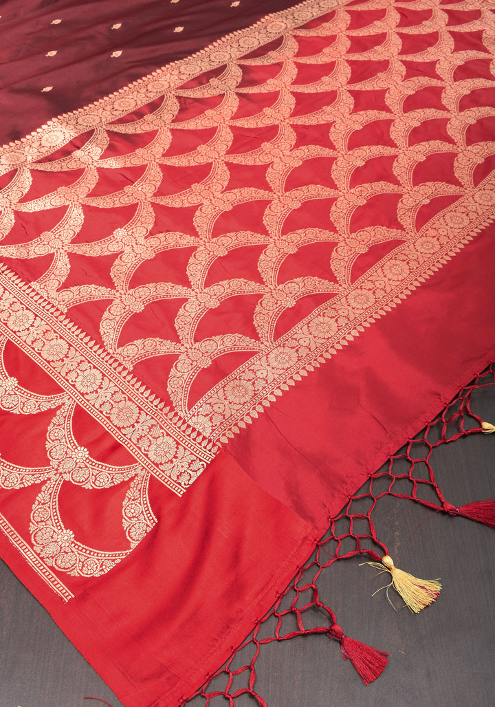 Banarasi Katan Silk Saree in Brown and Red with Zari Buttas & Scalloped border | SILK MARK CERTIFIED