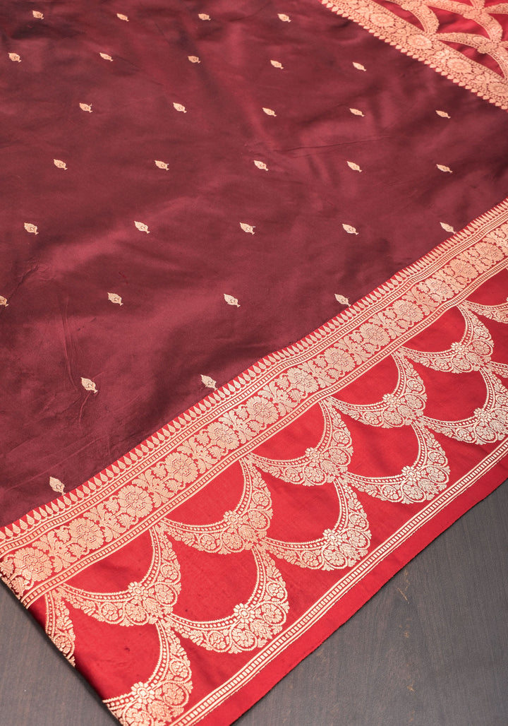 Banarasi Katan Silk Saree in Brown and Red with Zari Buttas & Scalloped border | SILK MARK CERTIFIED
