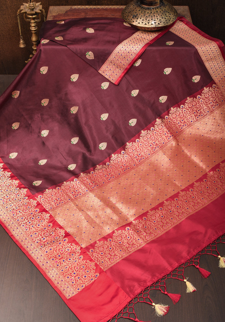 Exquisite Banarasi Katan Silk Saree in Brown with Meenakari Zari Buttis & Borders   | SILK MARK CERTIFIED
