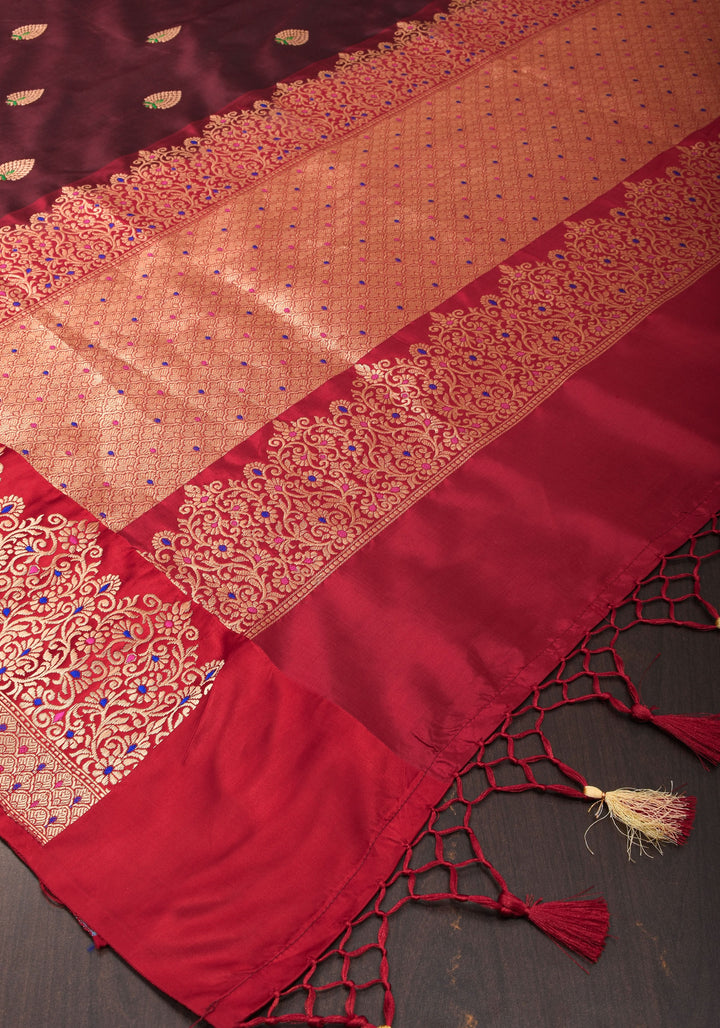 Exquisite Banarasi Katan Silk Saree in Brown with Meenakari Zari Buttis & Borders   | SILK MARK CERTIFIED