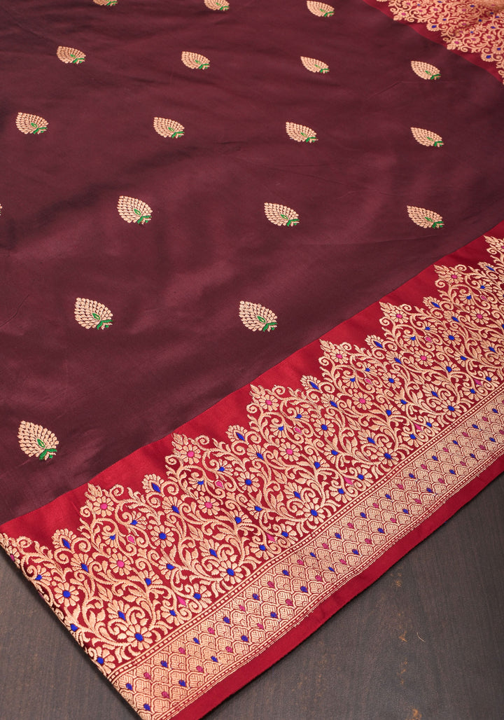 Exquisite Banarasi Katan Silk Saree in Brown with Meenakari Zari Buttis & Borders   | SILK MARK CERTIFIED