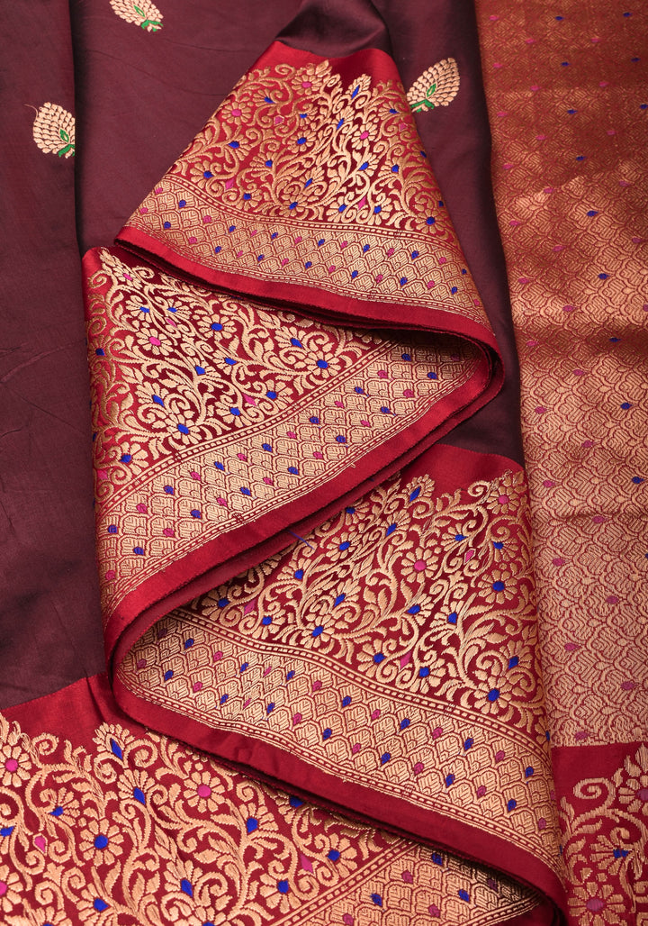 Exquisite Banarasi Katan Silk Saree in Brown with Meenakari Zari Buttis & Borders   | SILK MARK CERTIFIED