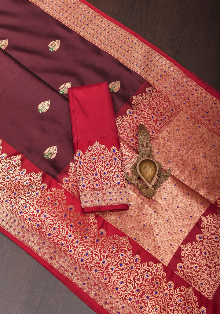 Exquisite Banarasi Katan Silk Saree in Brown with Meenakari Zari Buttis & Borders   | SILK MARK CERTIFIED