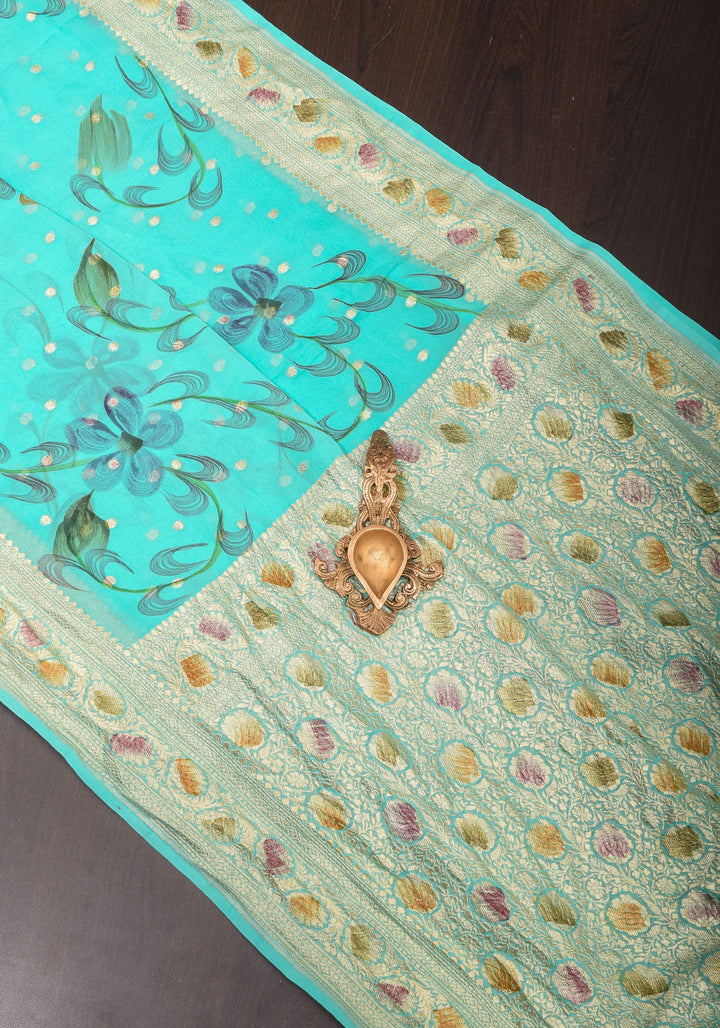 Cyan Pure Silk Chiffon saree with Hand Painted Florals  | SILK MARK CERTIFIED