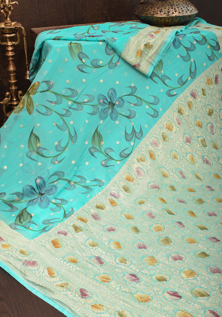 Cyan Pure Silk Chiffon saree with Hand Painted Florals  | SILK MARK CERTIFIED