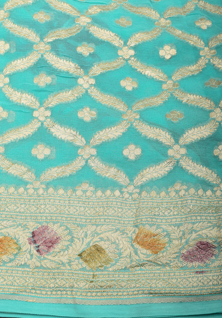 Cyan Pure Silk Chiffon saree with Hand Painted Florals  | SILK MARK CERTIFIED