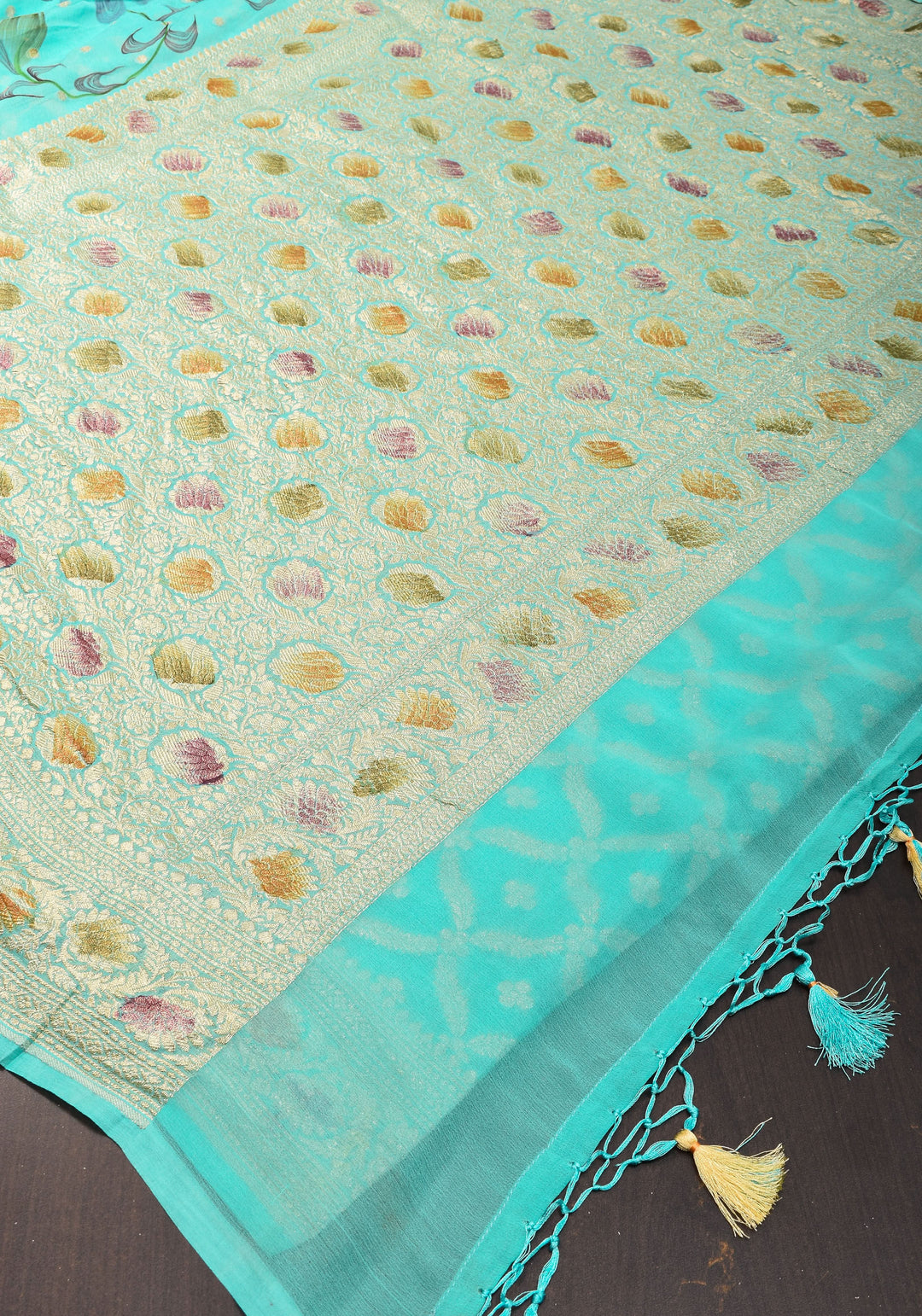 Cyan Pure Silk Chiffon saree with Hand Painted Florals  | SILK MARK CERTIFIED