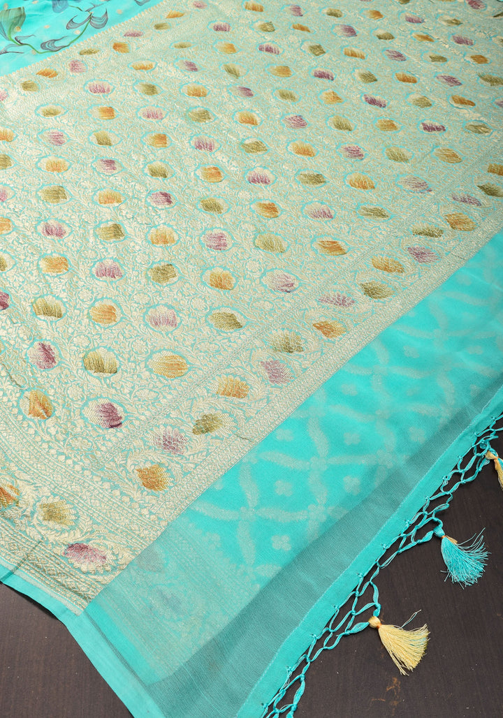 Cyan Pure Silk Chiffon saree with Hand Painted Florals  | SILK MARK CERTIFIED