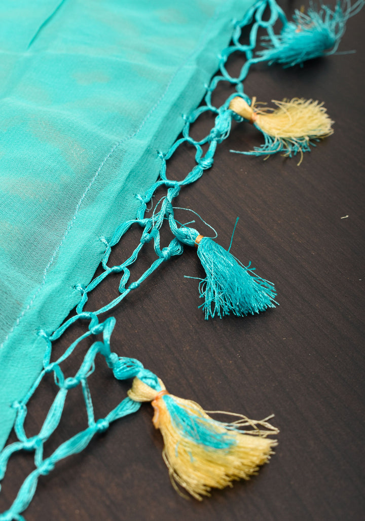 Cyan Pure Silk Chiffon saree with Hand Painted Florals  | SILK MARK CERTIFIED