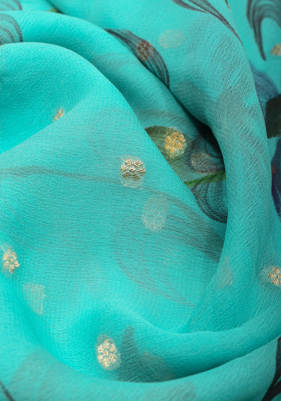 Cyan Pure Silk Chiffon saree with Hand Painted Florals  | SILK MARK CERTIFIED