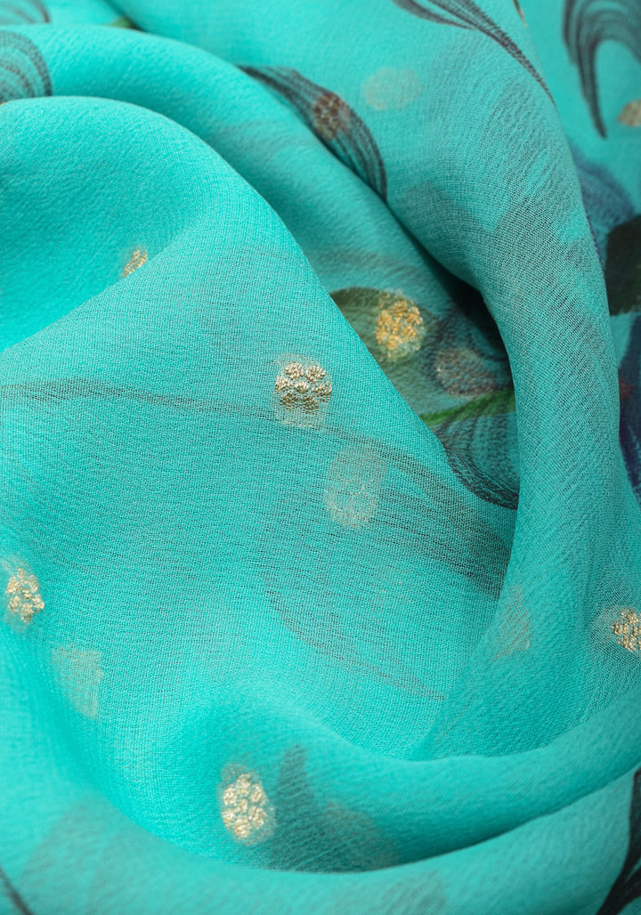 Cyan Pure Silk Chiffon saree with Hand Painted Florals  | SILK MARK CERTIFIED