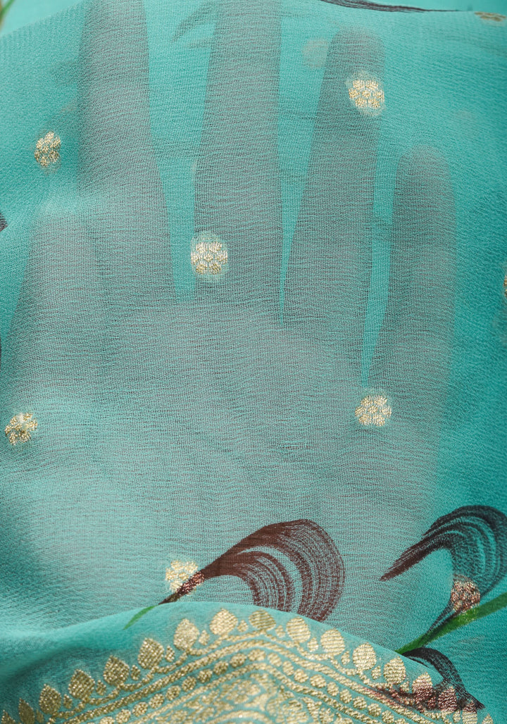 Cyan Pure Silk Chiffon saree with Hand Painted Florals  | SILK MARK CERTIFIED